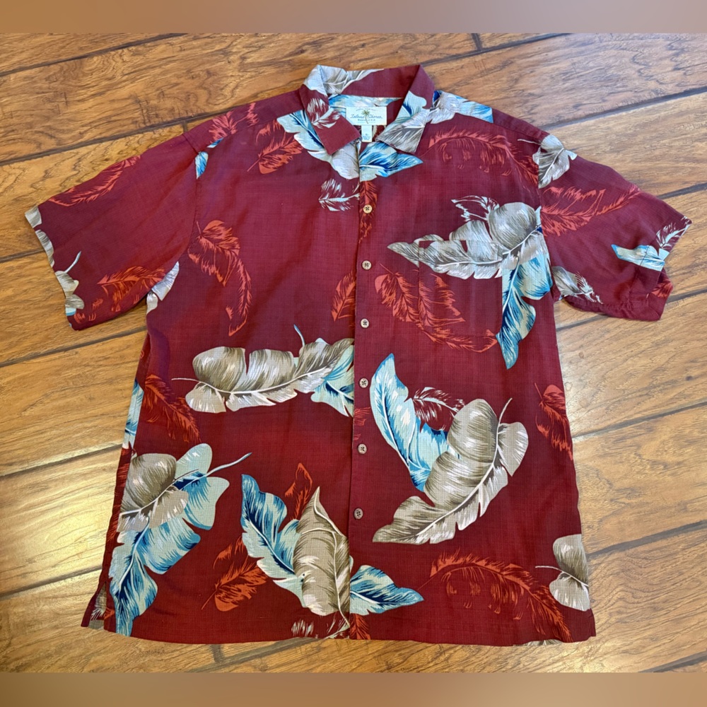 Island Shores Silk Hawaiian Shirt mens XL button up red tropical leaves beach